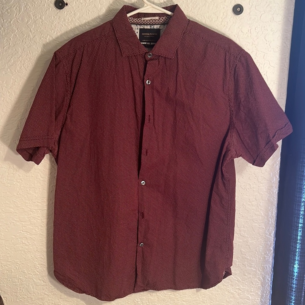 Denim & Flower red with white polka dot button down shirt